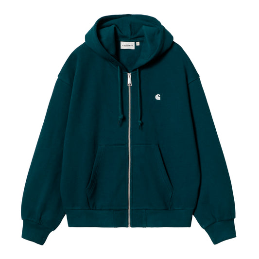 Carhartt WIP zip-hoodie i petrol-grøn, fleece-foret hætte, kængurulomme og broderet C-logo