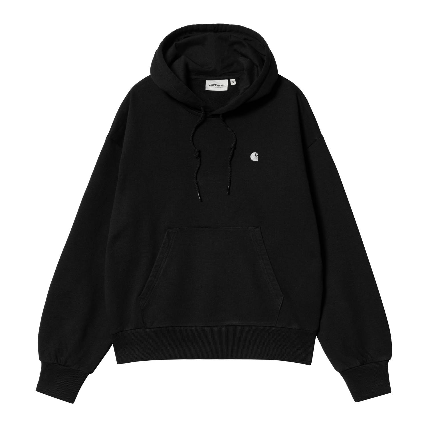 Carhartt WIP hoodie i sort med oversize fit, kængurulomme og broderet C-logo på brystet