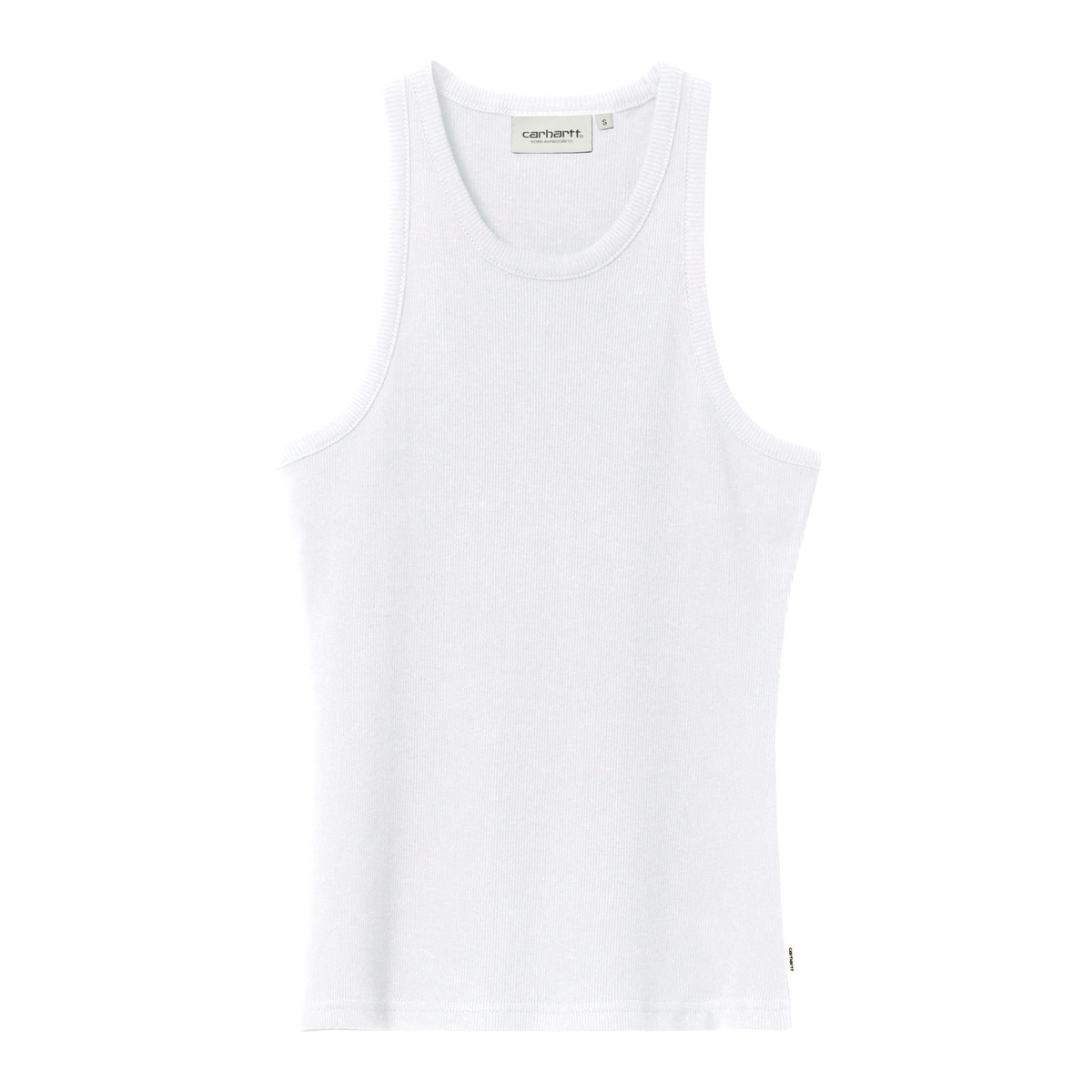 Hvid ribbet tanktop uden ærmer med høj halslinje og woven label