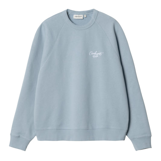 Carhartt WIP crewneck sweatshirt i støvet lyseblå med raglanærmer og hvidt broderet logo