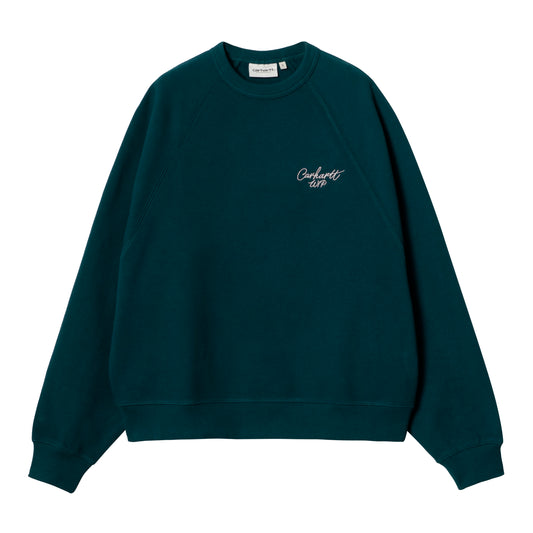Carhartt WIP crewneck i dyb teal med raglanærmer og broderet logo