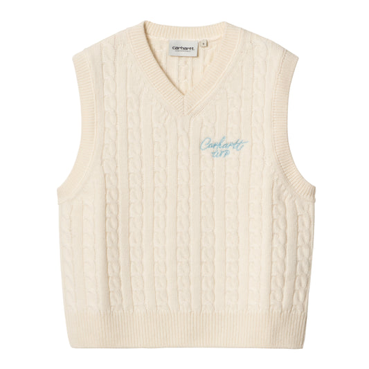 Sweater vest i creme cable-knit, V-hals og broderet logo i lyseblåt