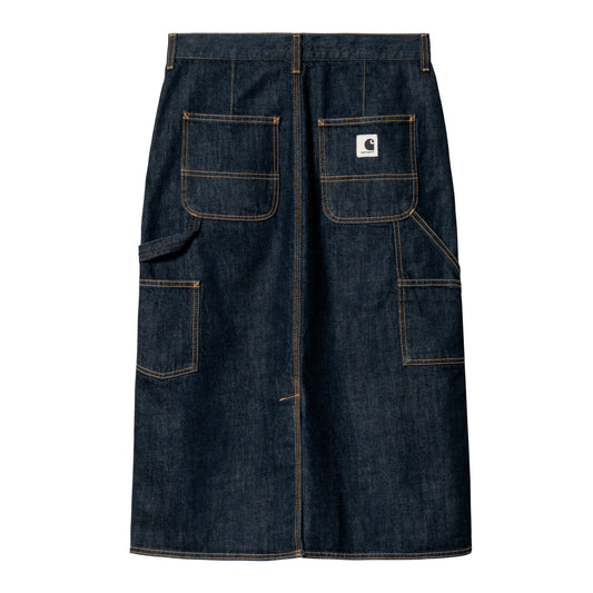 Carhartt WIP midi-nederdel i mørk rinsed denim med cargo-lommer og gul kontrastsøm
