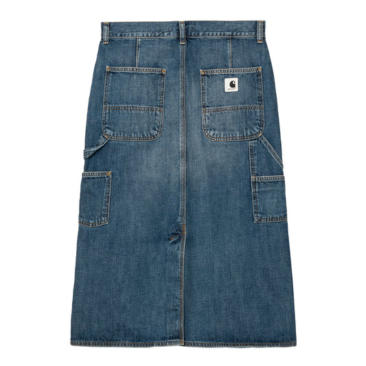 Carhartt WIP midi-nederdel i vasket blå denim med patch-lommer og cargo-lommer