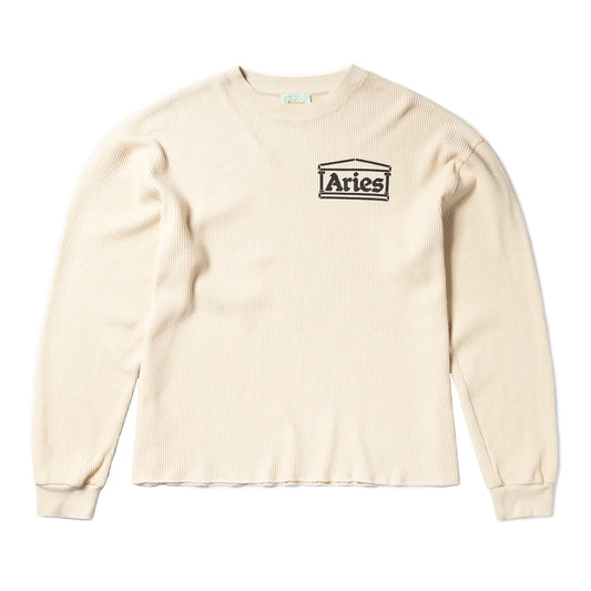 Aries Temple Logo Thermal i cream, waffle-knit longsleeve med broderet temple logo på brystet