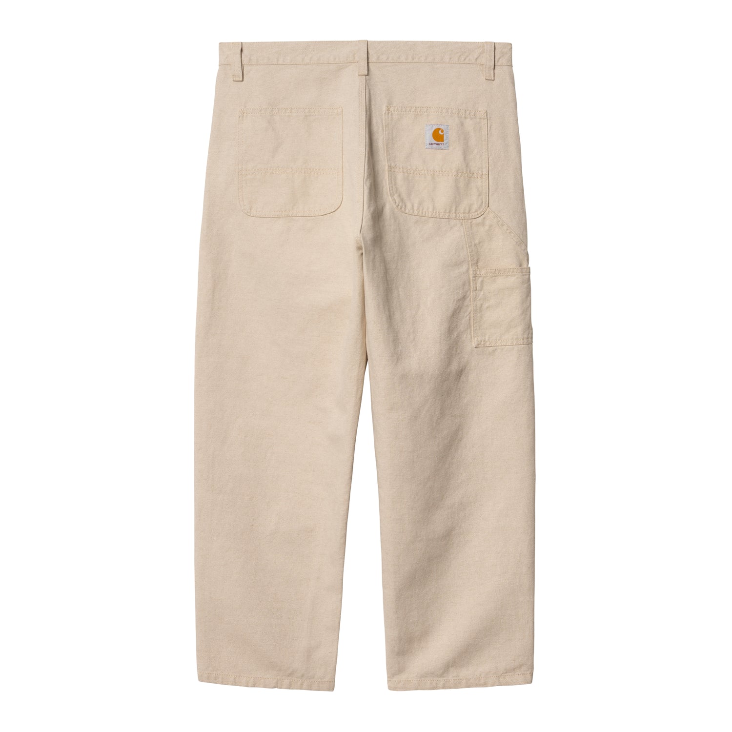 Carhartt WIP carpenter-bukser i beige canvas, løst fit med utility-pocket og C-logo label