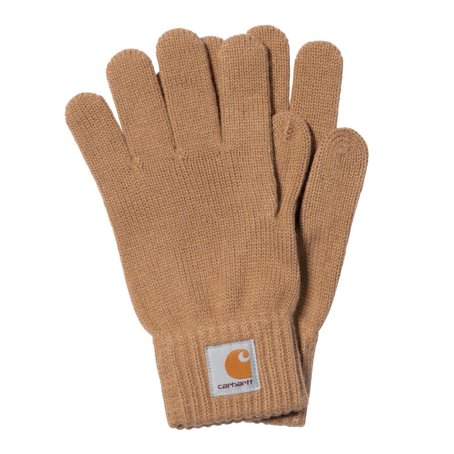 Carhartt WIP strikket handsker camel melange helfingerdesign med ribkant og logo-patch