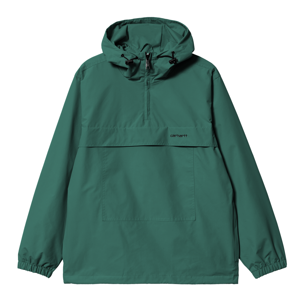 Anorak i grøn nylon med halvlynlås, justerbar hætte og kængurulomme, løst fit