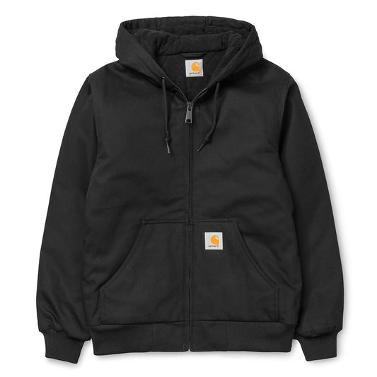Carhartt WIP Active Jacket i sort med quiltet hætte, fleece-for og C-logo kængurulomme