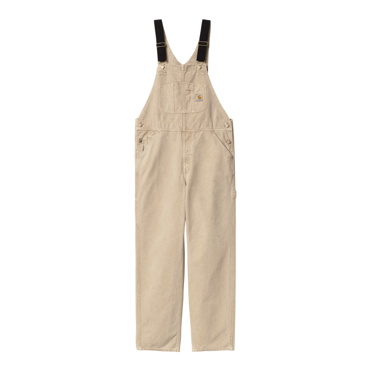 Carhartt WIP bib overall vasket beige canvas, sorte stropper og guldfarvede spænder, relaxed fit