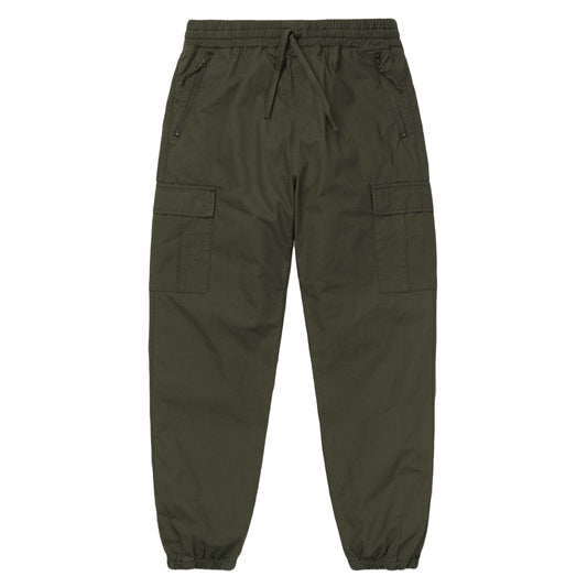 Olivengrønne cargo joggers i ripstop med ziplommer, patchpockets på lår og ribkant ved anklen