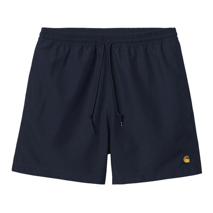 Badeshorts i navy med elastisk talje, snøre og broderet guld C-logo