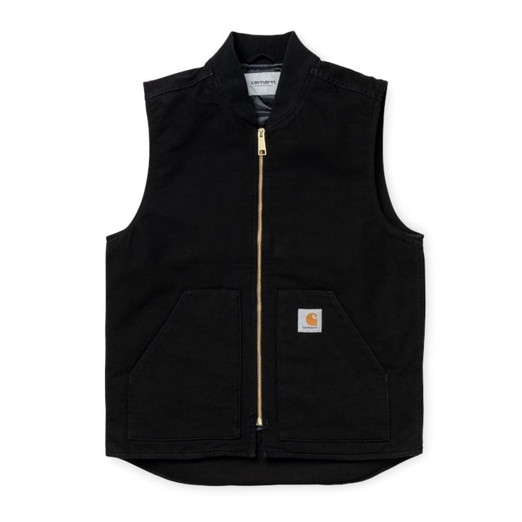 Carhartt WIP sort canvas vest med guldfarvet lynlås, ribkrave og quiltet foer