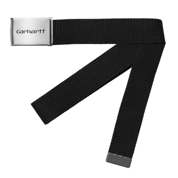 Sort vævet nylon clip belt med sølvfarvet metalbuckle og logo, one size justerbar