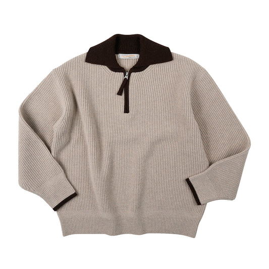 Frizmworks - Contrast Collar Half Zip Knit - COCOA / Beige - Strik
