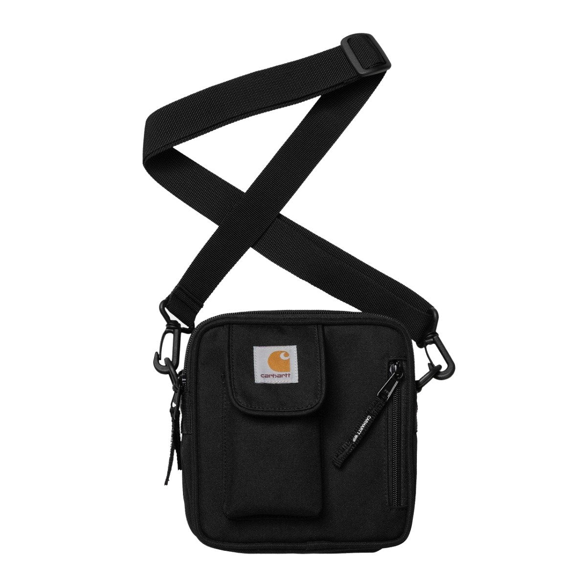 Sort canvas crossbody-taske med justerbar rem, lynlåslommer og label foran