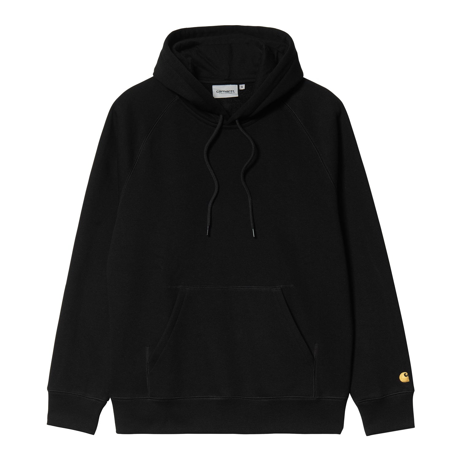 Sort hoodie med guld-emblem på ærmet, raglanærmer og justerbar snøre i hætten