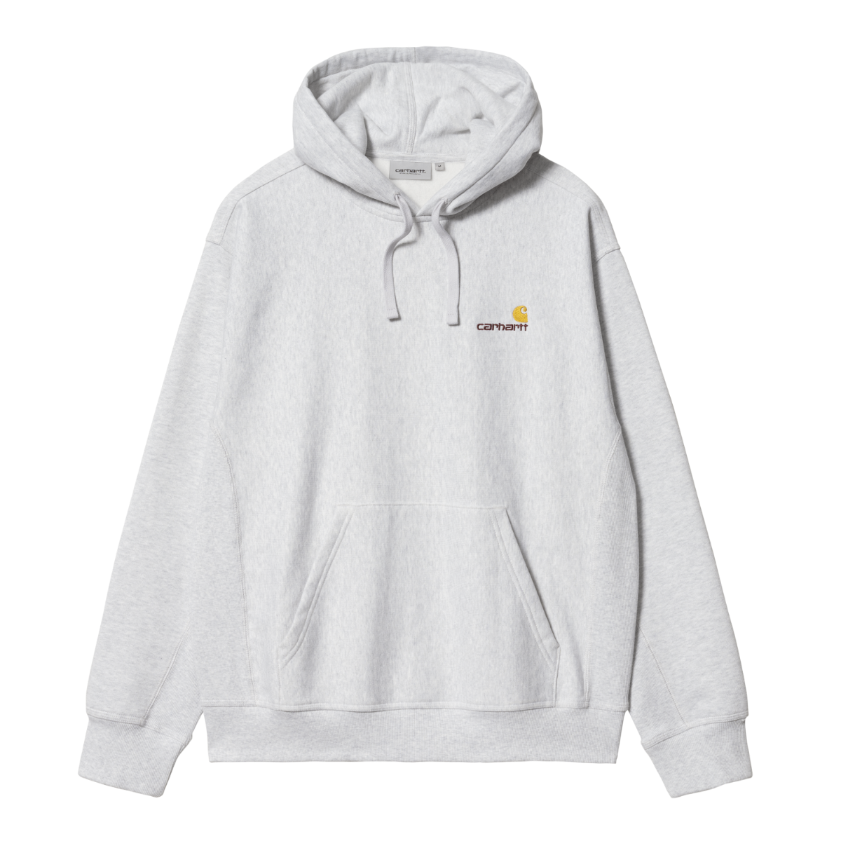 Carhartt WIP Hooded American Script Sweatshirt i ash heather med broderet logo og kængurulomme