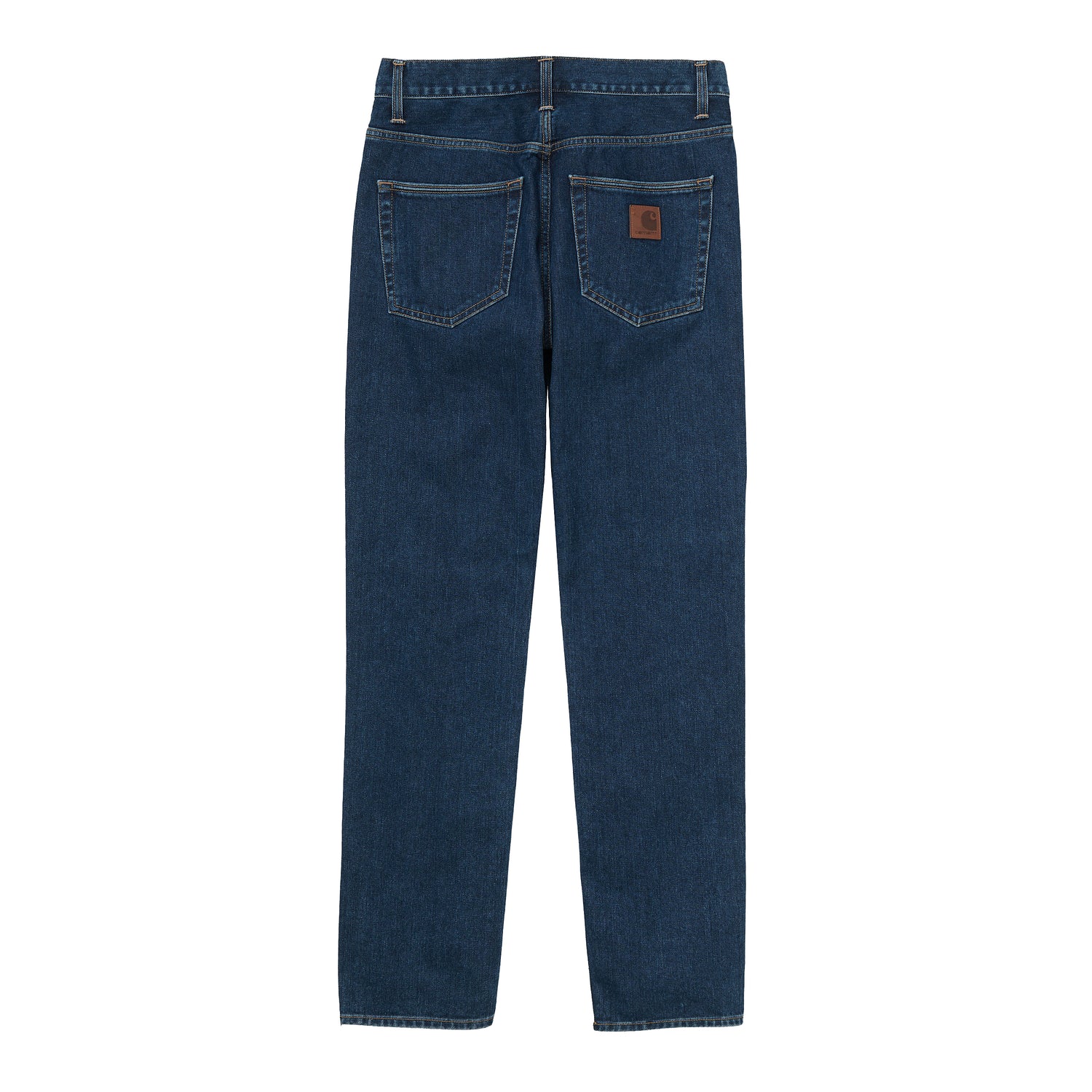 Jeans i mørk stonewash denim, straight fit med læder-patch og kontrastsøm