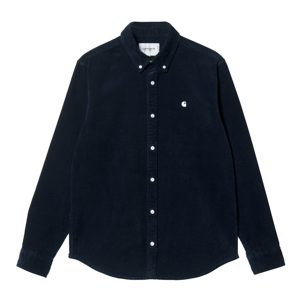 Carhartt WIP Madison Cord Shirt i navy fløjl, bred ribstruktur, button-down, relaxed fit