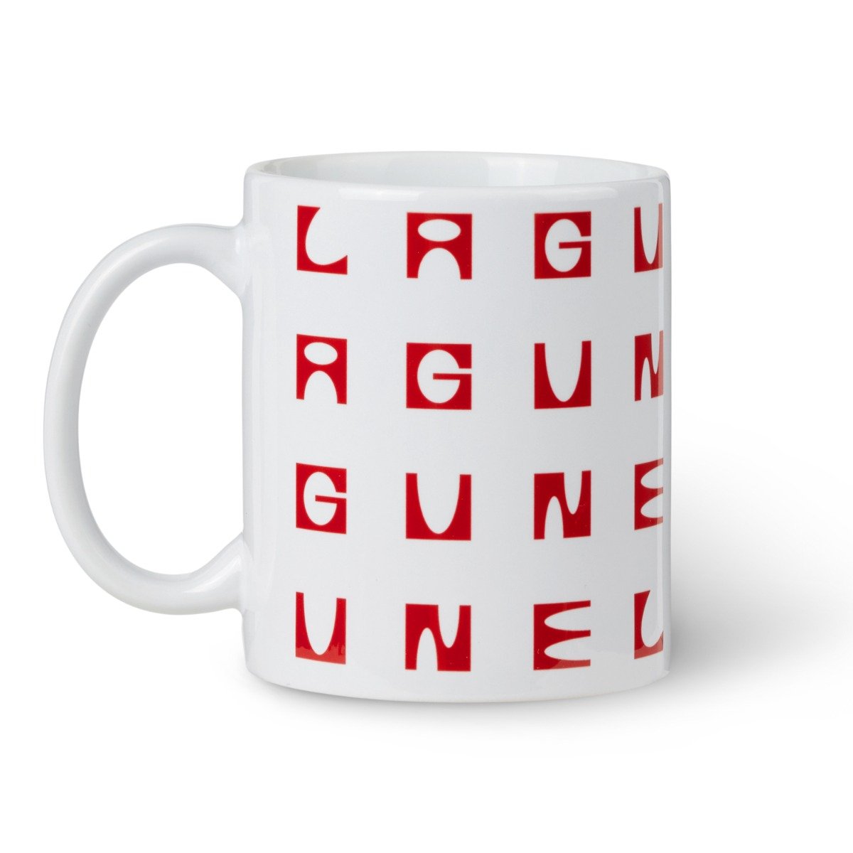 Lagune hvid keramisk krus med rødt logo, blank overflade og klassisk kophank