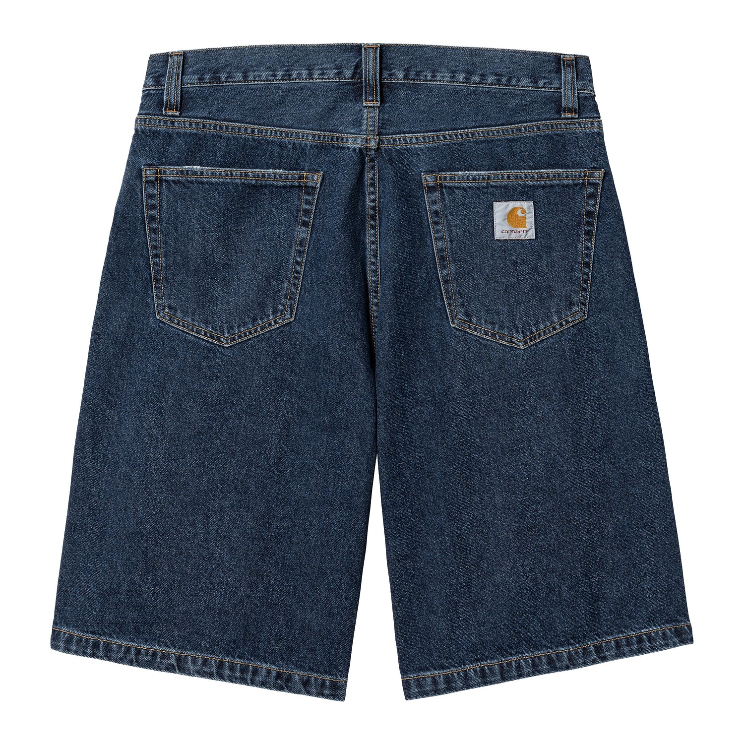 Carhartt WIP denim shorts i mørk stonewash med løs pasform, guldsøm og logo-patch