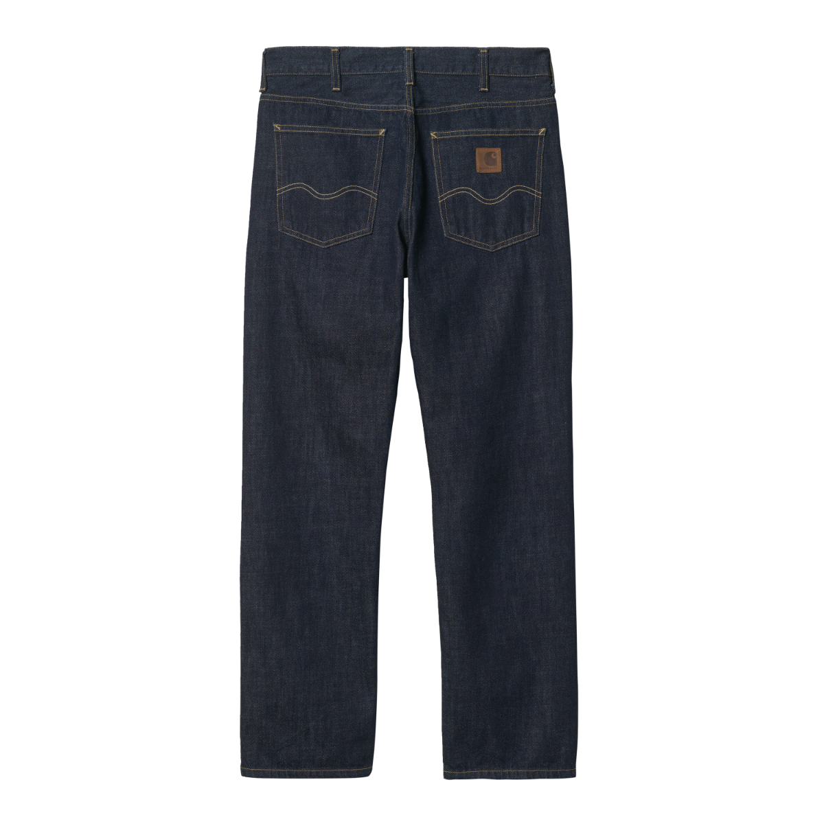 Denim jeans i mørk blå rinse-vask, relaxed fit med kontrastsyning og læderlogo-patch