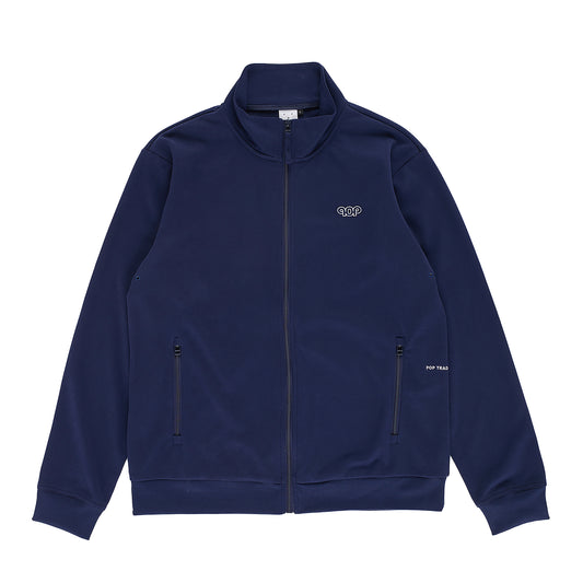 Trackjakke i navy med full-zip, høj krave og broderet logo på brystet