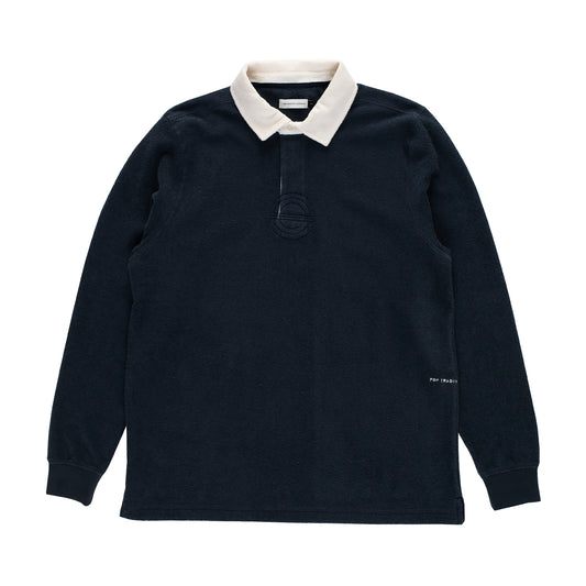 Rugby shirt i navy fleece med sherpa-krave, logobroderi og ribkanter