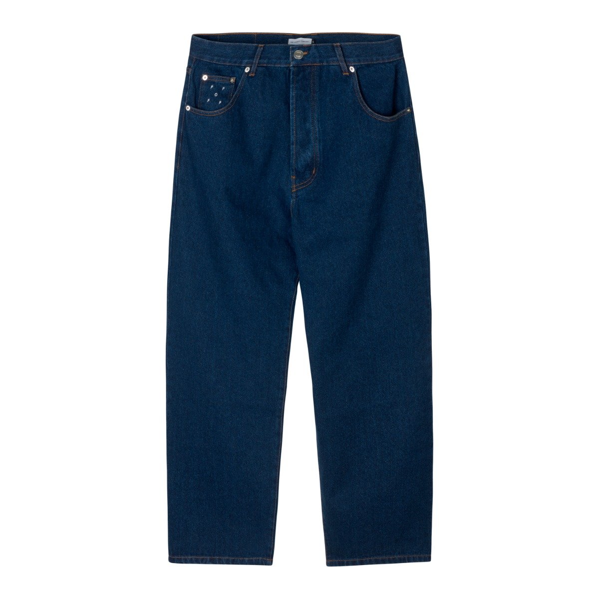 Mørk indigo jeans med høj talje, afslappet straight leg og brun kontrastsøm