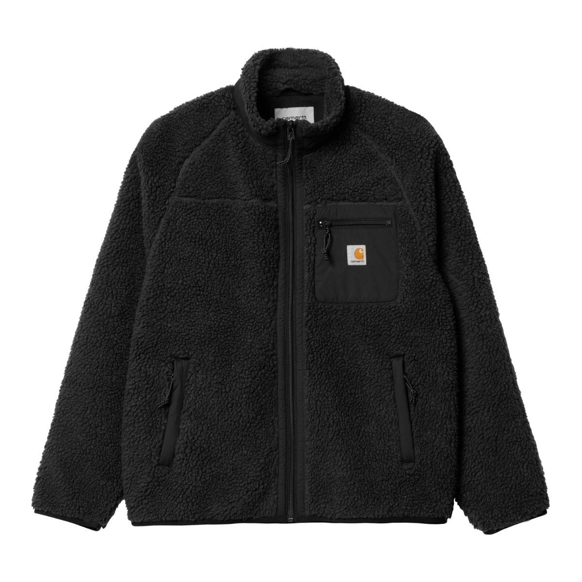 Carhartt WIP Prentis fleece jakke i sort sherpa med helzipper og høj krave