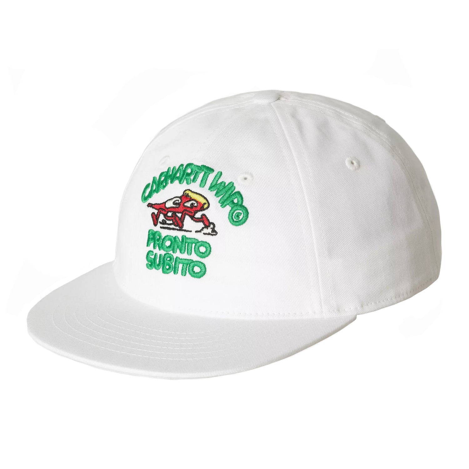 Carhartt WIP Pronto Subito cap i hvid seks-panel med broderet pizzaskive-grafik og snapback
