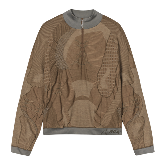 ROA half-zip teknisk strik tonal patchwork grå ribkrave messing-lynlås