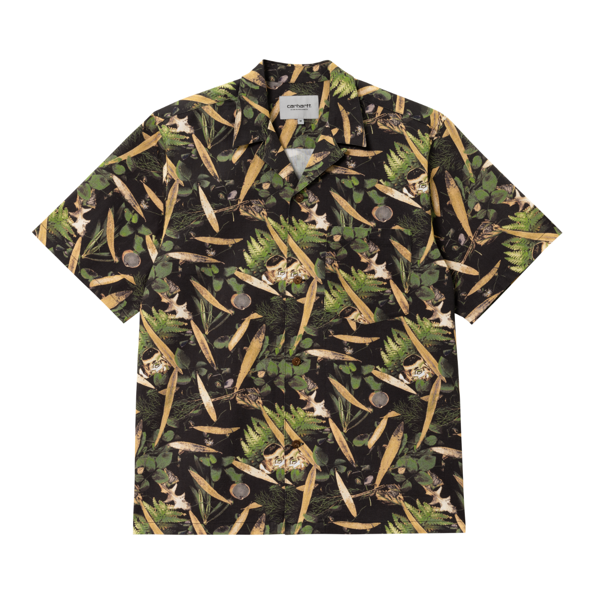 Carhartt WIP kortærmet camp-skjorte i sort med all-over botanisk print, løst fit