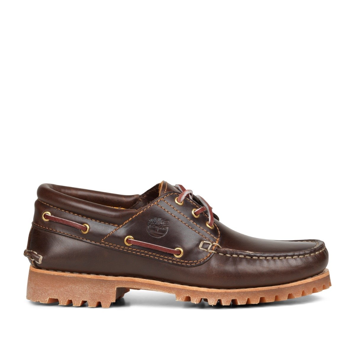 Timberland bådssko i mørkebrun læder med moc-toe-syning, rødbrune snørebånd og gummisål