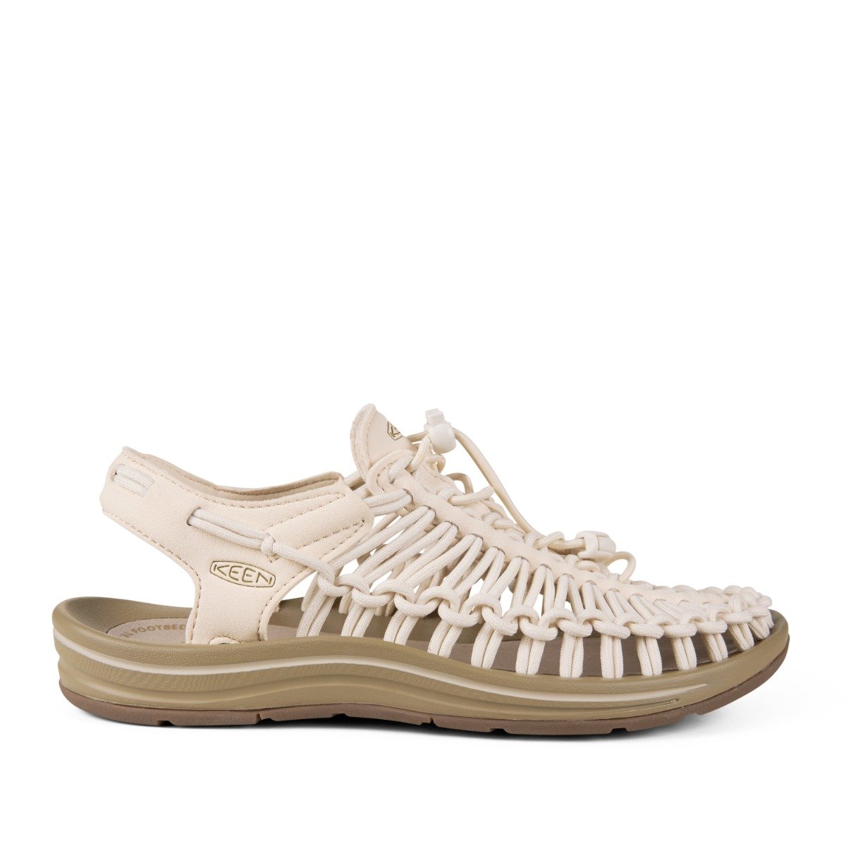 Sandal med flettet rebkonstruktion, åben opbygning og chunky EVA-sål i sand og taupe