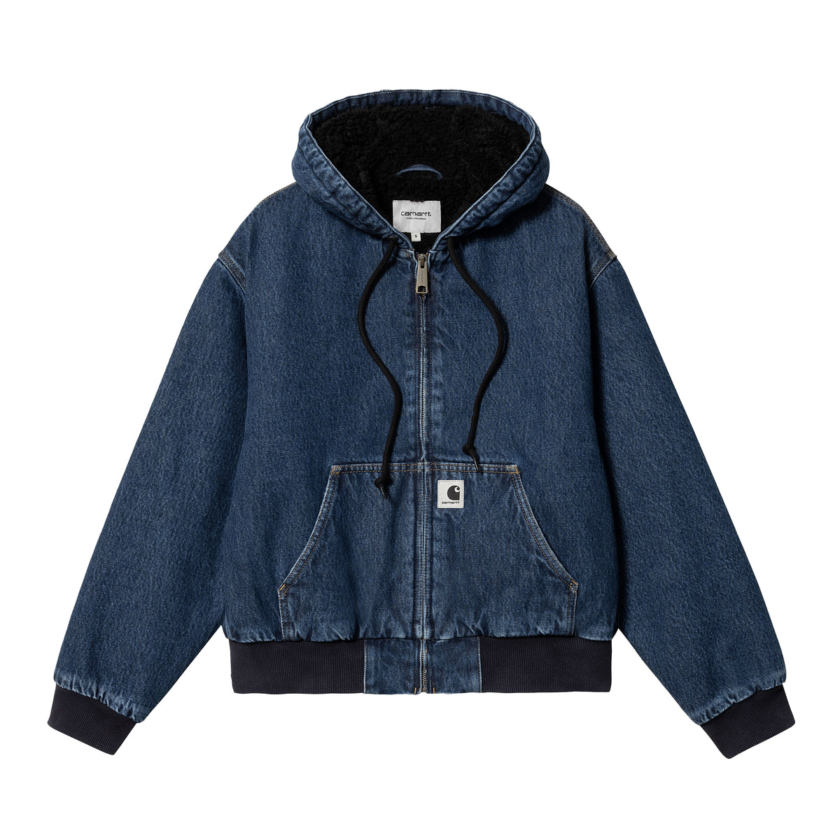 Carhartt WIP Active Jacket vasket denim sherpa-foret hætte frontzip og logo-patch