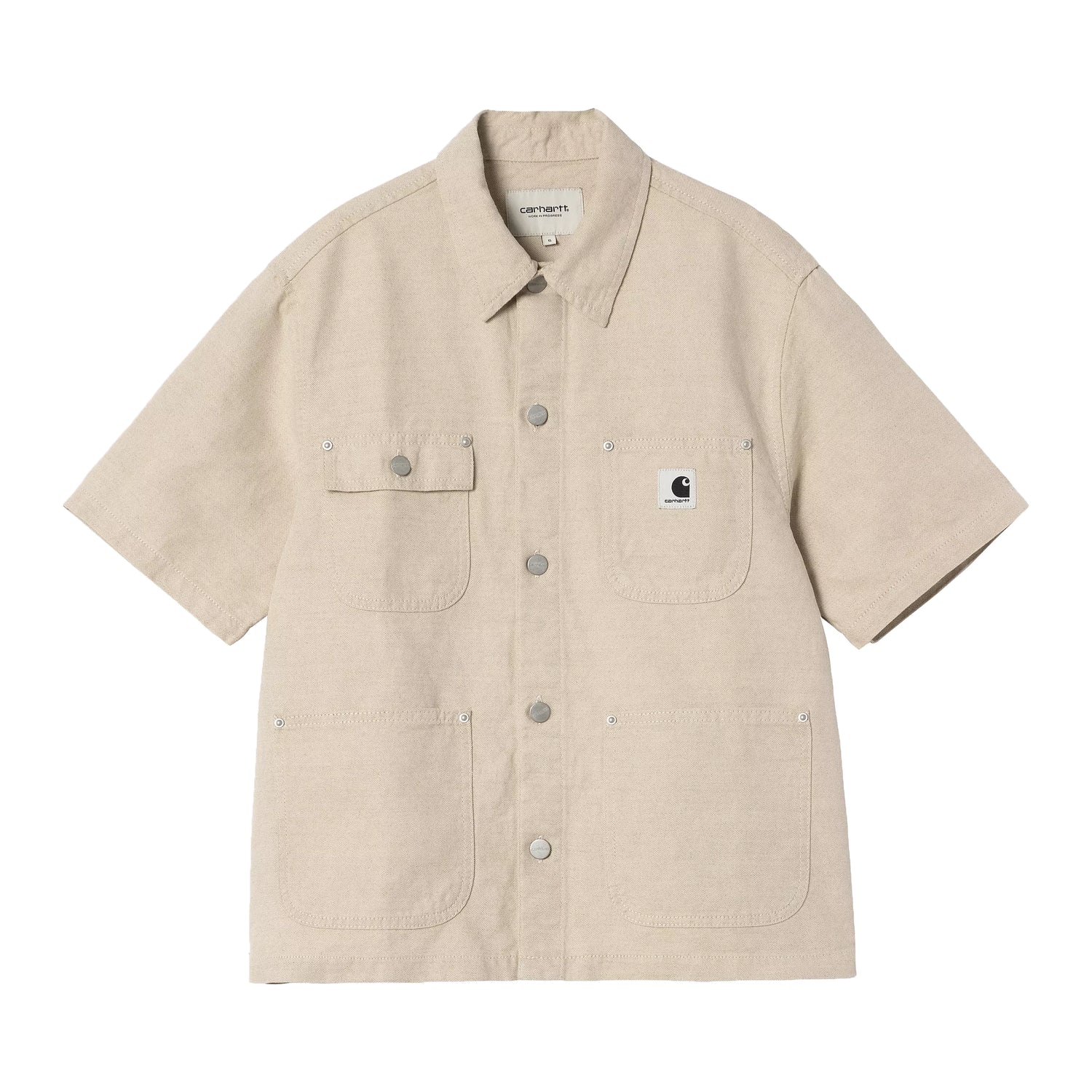 Carhartt WIP kortærmet overshirt i beige canvas med fire lommer og logo-patch på brystet