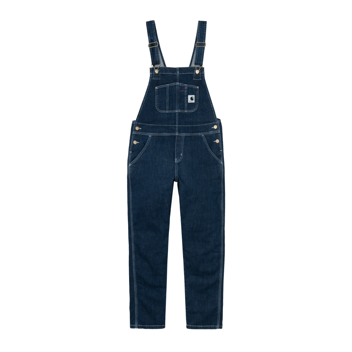 Carhartt WIP denim overalls mørk indigoblå slim tapered fit hvide kontrastsømme messing-hardware