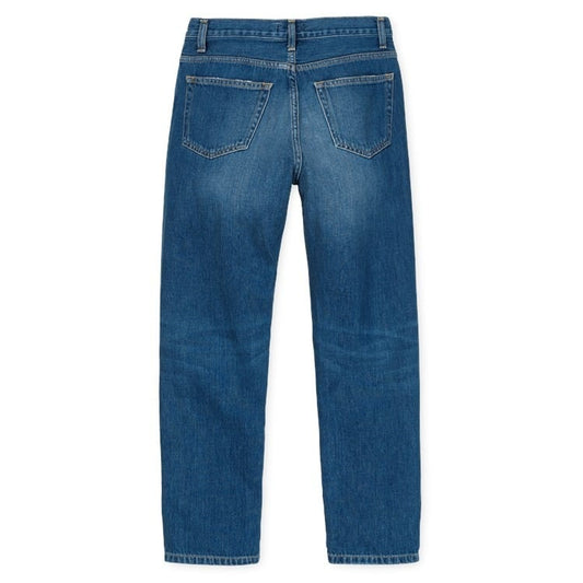 Medium-wash denim jeans bagfra, fem lommer, lige snit og kontrastsøm i workwear-stil