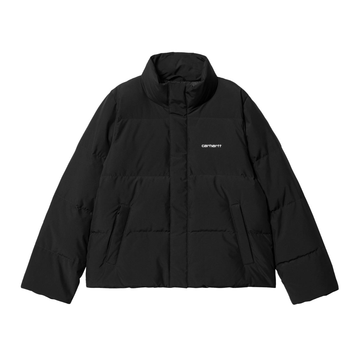 Sort quiltet puffer jacket med høj krave, skjult lynlås og broderet script-logo