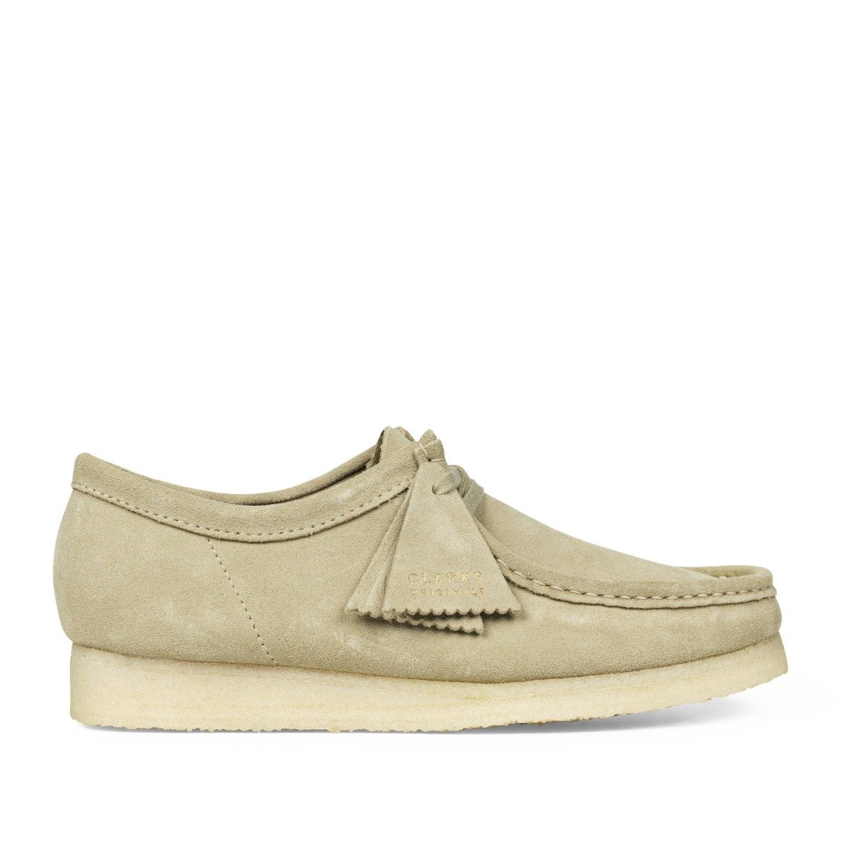 Wallabee i maple suede med moc-toe, frynset snørebånd og crepe-sål