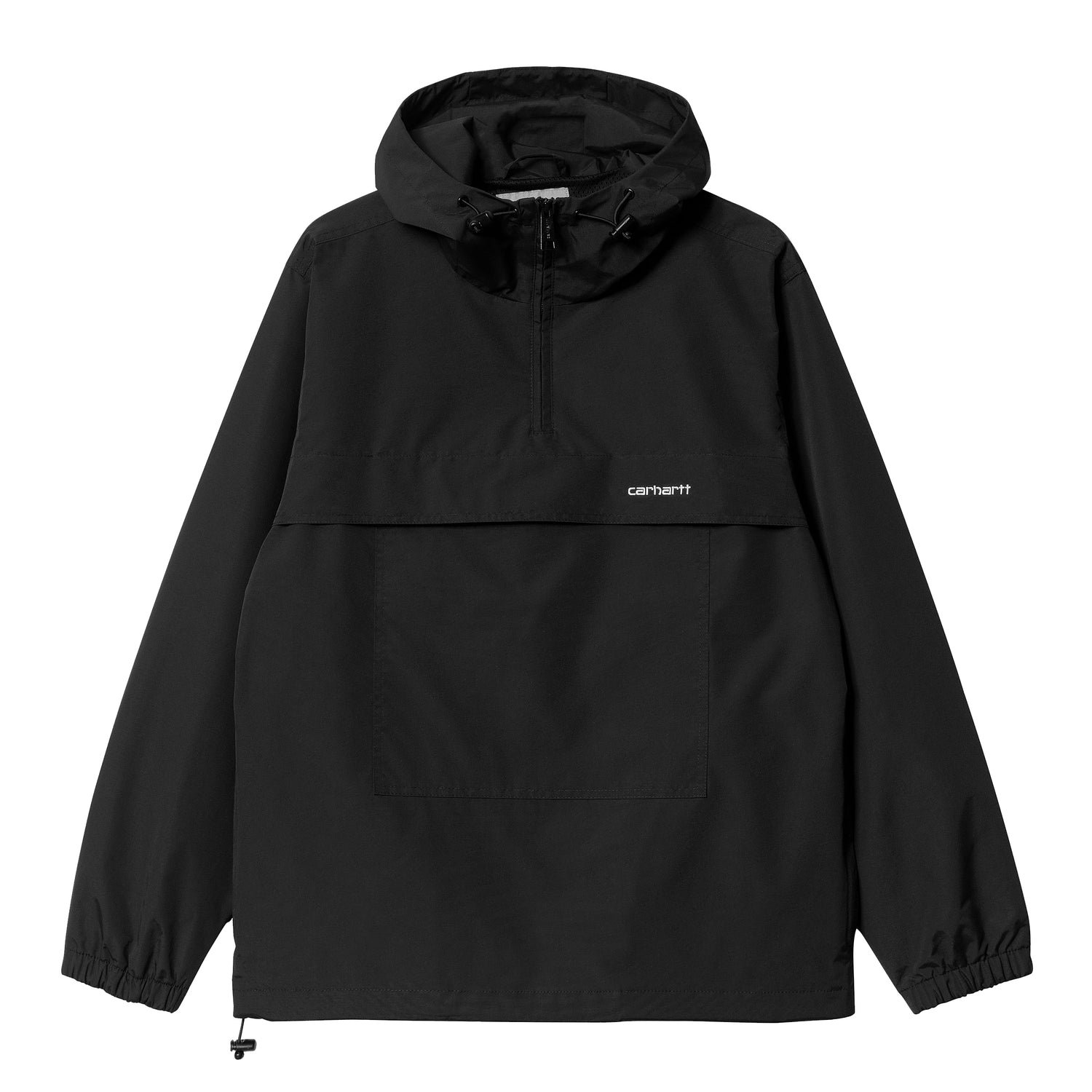 Carhartt WIP anorak i sort med half-zip, justerbar hætte og script-logo på brystet